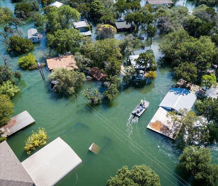 overhead view of flooding houses