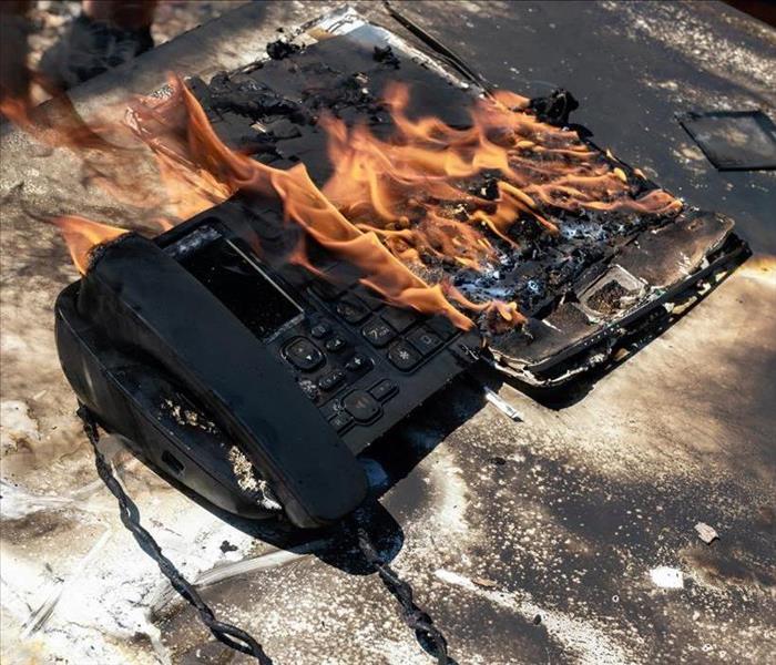 flames on laptop and phone in office
